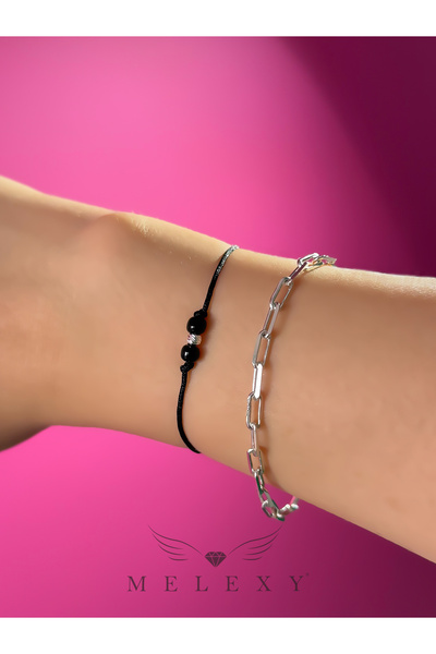 MELEXY 925 Ayar Gümüş Dorika Toplu Minimal Siyah İpli Bileklik