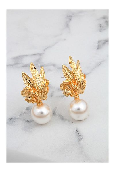 Çelik Leaf Detailed Pearl Steel Earrings