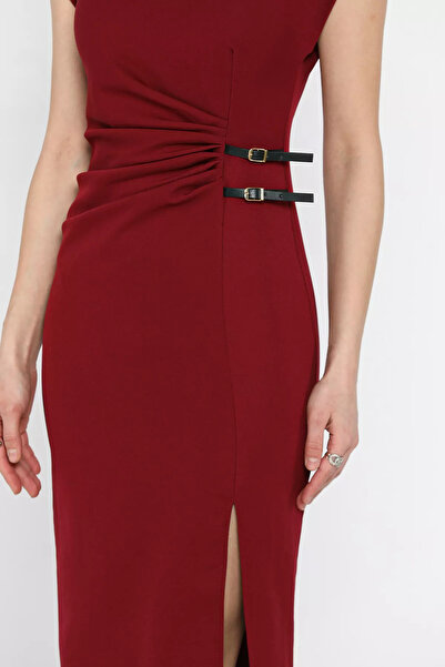GÜLSELİ Burgundy Waist Draped Padded Side Slit Dress