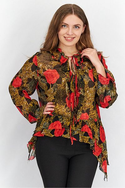 The Kooples Women Tie Neck Long Sleeves Printed Blouse Tops, Red Combo