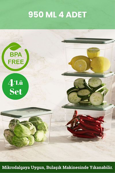 BAGER MARKET 4-Piece Icebox Storage Container Winter Container Freezer Organizer Refrigerator Food Storage Container 950 ml 4 Colors