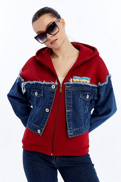 CHOS7N Women's Oversize Combed Cotton and Denim Garnished Jacket Zippered College Coat Printed Daily Use Denim Jacket