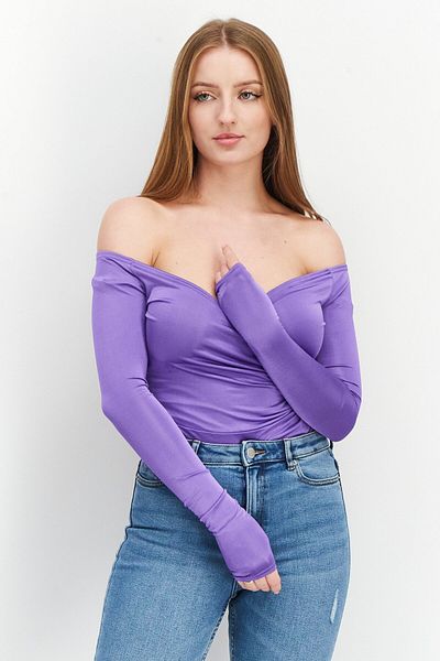 Bamboo Women Wrap Off The Shoulder Slinky Bodysuit, Purple