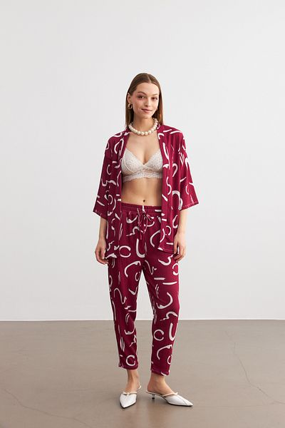 MODAGEN Women's Burgundy Patterned Kimono Shirt Pants Set