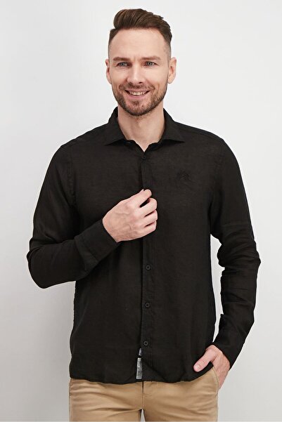 La Martina قميص رجالي كاجوال بأكمام طويلة وقصّة عادية، أسود
