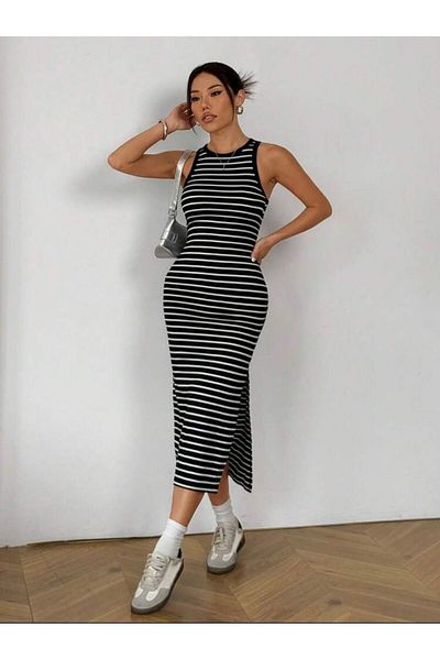 bemmoda Rochie de damă din bumbac cu model în dungi, cu fantă, elastică