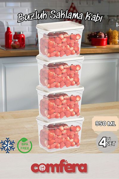 BAGER MARKET 4-Piece Icebox Storage Container Winter Container Freezer Organizer Refrigerator Food Storage Container 950 ml 4 Colors