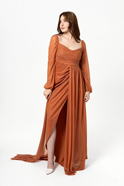 Abiye Sarayı Kiremit Kol Lastikli Kuyruk Detaylı Uzun Tül Elbise