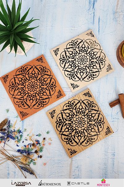 MONTESEV Wooden Patterned Trivet Wooden Pot Pan Teapot Rack Trivet Set Set of 3