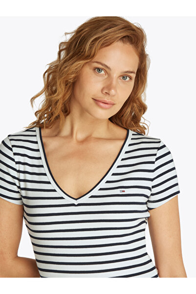 Tommy Hilfiger Tommy Hilfiger Women Ecru/Navy Stripe Slim V Neck T-Shirt