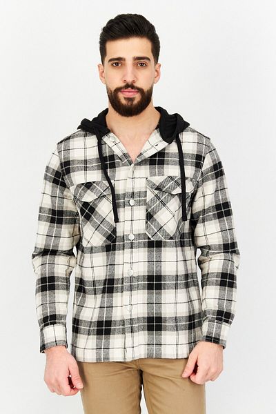 CELIO Men Hood With Drawstring Long Sleeve Checkered Shirt Jacket, Black/White Combo