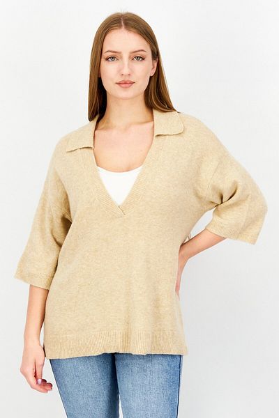 Esprit Women Spread Neck Short Sleeve Knitted Sweater, Tan