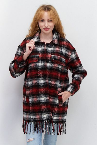 Cropp Women Plaid Fringe Jacket Shirt, Red Combo