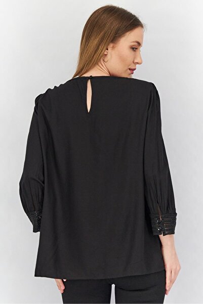 Esprit Women Round Neck Long Sleeve Textured Blouse, Black