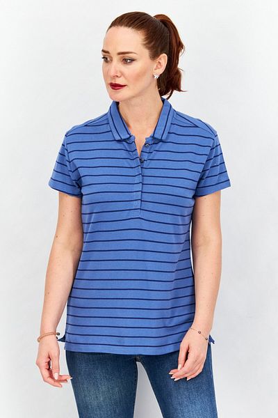 Timberland Women Spread Collar Short Sleeve Striped Polo Shirt, Blue