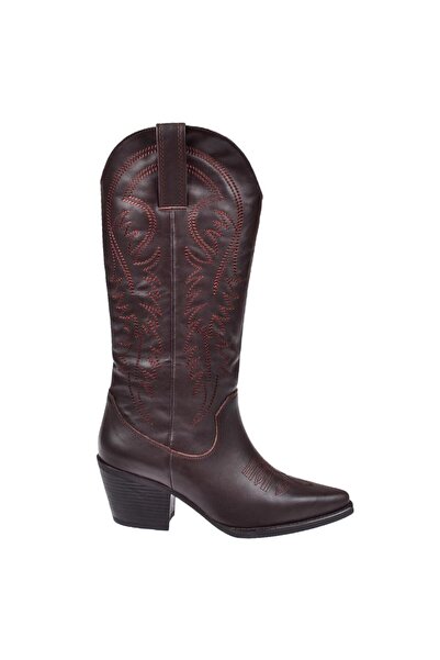pullman Hakiki Deri İşlemeli Western Kadın Çizme PLM-011 KOYU KAHVE