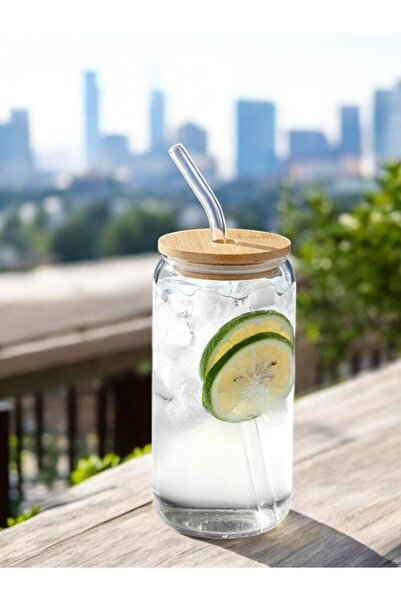 Stonix Bambu Kapaklı Cam Pipetli Borosilikat Cam Bardak 500 ml / Matcha / Bubble Tea Bardağı