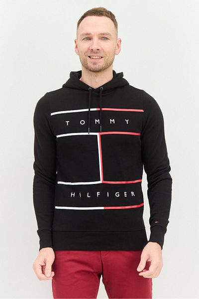 Tommy Hilfiger Men Hooded Long Sleeve Embroidered Logo Sweatshirt, Black