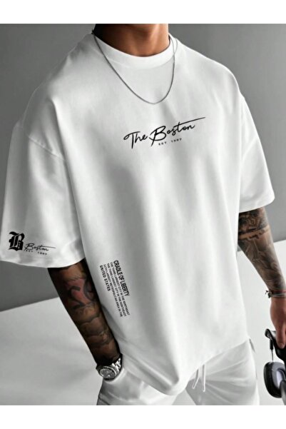 Altamira Ανδρικό λευκό μπλουζάκι The Boston Printed Crew Neck Oversize