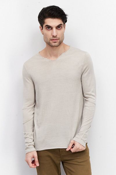 CELIO Men V Neck Long Sleeve Knitted Sweatshirts, Sand