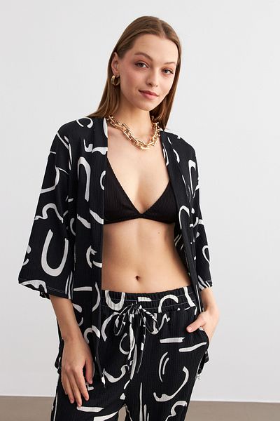 MODAGEN Set de pantaloni de cămașă kimono cu model negru pentru femei