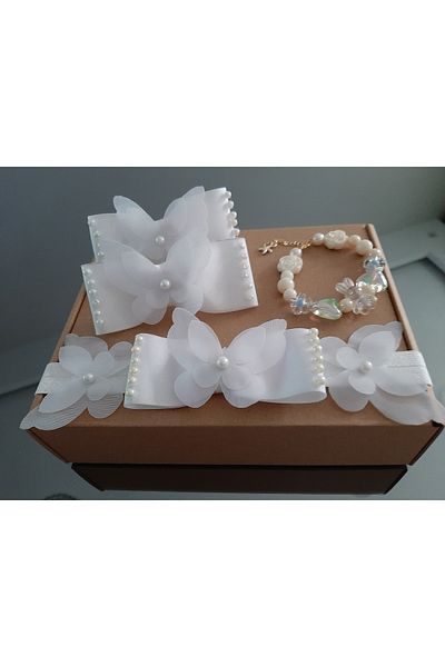 Nevgiss Aksesuar 2 Pieces of Rubber Buckle with Tulle Butterfly and PearlsBandanaGold Plated and Figured Bracelet Set