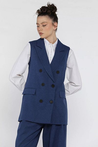 GÜLSELİ Navy Blue Women's Double Breasted Collar Lined Vest