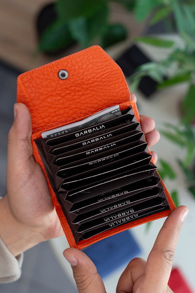 Garbalia Lucas Genuine Leather Accordion Model Orange Unisex Card Holder with Lots of Eyes