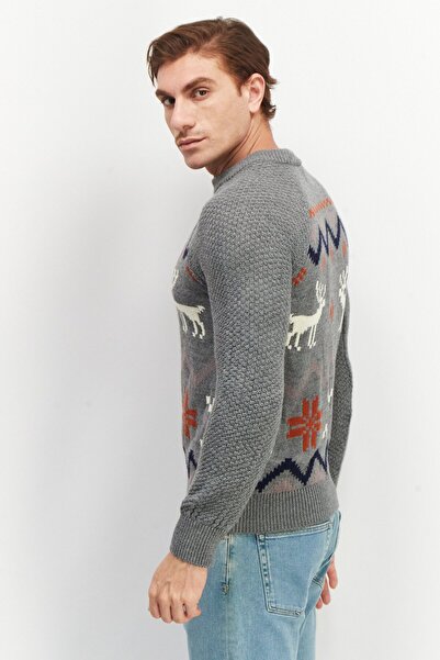 CELIO Men Crew Neck Long Sleeve Textured Sweater, Grey Combo