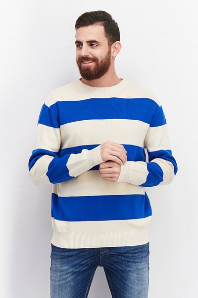 CELIO Men Round Neck Long Sleeve Stripe Sweatshirt, Beige/blue