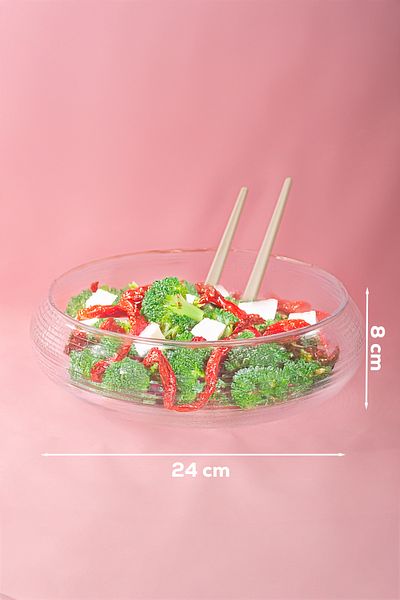 Porsima 4306 Handmade Large Size Glass Salad Fruit Cookie Pasta Presentation Bowl with Spoon Transparent 24 cm