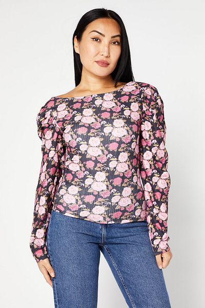 NA-KD Women Scoop Neck Long Sleeve Floral Print Top, Pink Combo