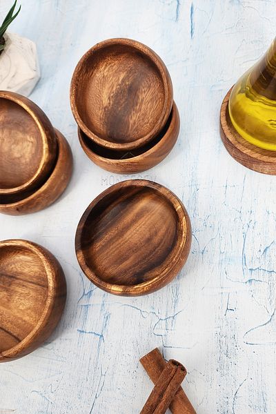 MONTESEV 6 Pieces Snack Bowl Wooden Natural Snack Bowl Round Presentation Bowl Acacia and Hornbeam