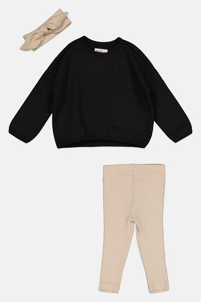 Fudo Kids Girl 3 Pcs Brand Logo Sweatshirts And Leggings, Head Band Set, Black