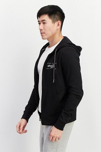 Perry Ellis Men Hooded Embroidered Logo Long Sleeve Fleece Sweatshirt, Black