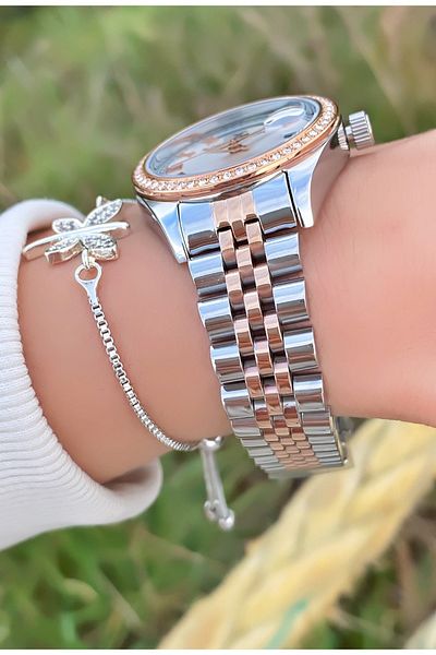 Daniel Klein Brand Rose Silver Color Women's Wristwatch with Stone - Bracelet with 2 Years Warranty