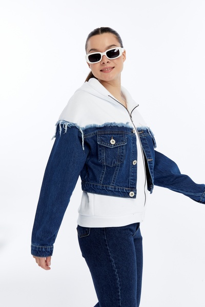 CHOS7N Jachetă oversize din bumbac pieptănat și denim garnită pentru femei, cu fermoar, paltoane de colegiu, imprimate, pentru utilizare zilnică, blugi