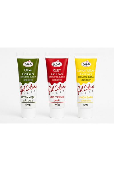 Dr. Gusto Gel Food Color Set of 3 Olive Green Ruby Red Lemon Yellow 100 Gr