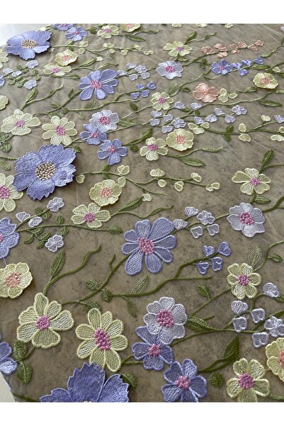 METERİAL Pastel Çiçekli Nakışlı Tül Kumaş - Aplikli Desenli Tül 1 Metre (Abiye, Özel Gün Kumaşı)