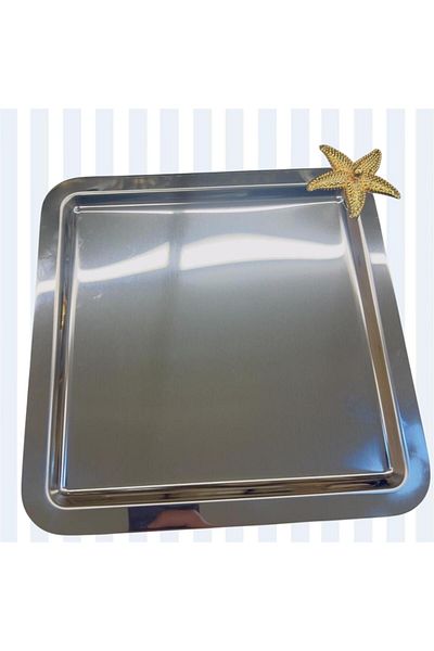 Reis Home 6-Piece Stainless Steel Square Silver Coffee, Tea, Decorative Presentation Serving Tray with Luxury Accessories