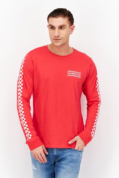 Caterpillar Men Crew Neck Long Sleeve Brand Logo T-shirts, Red/white