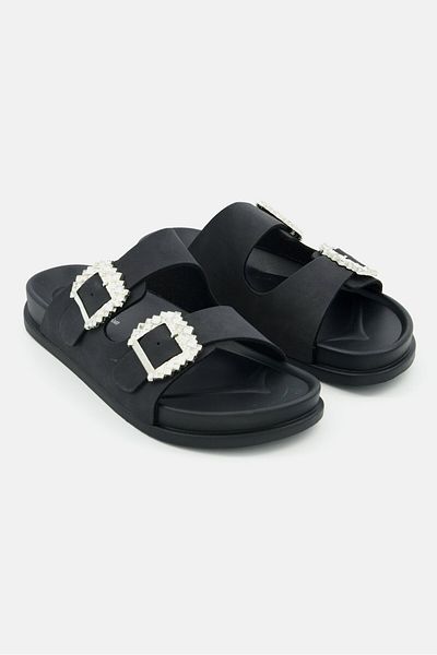 I Love Fashion Women Slip-on Slide Sandals, Black
