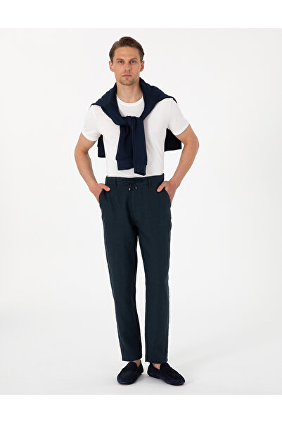 Pierre Cardin Lacivert Carrot Fit %100 Keten Beli Lastikli İpli Kanvas Pantolon 50301811-VR033