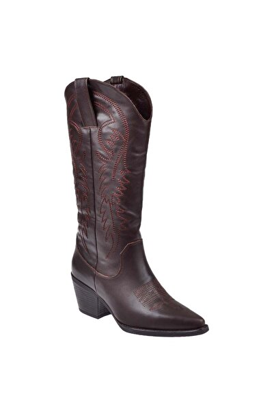 pullman Hakiki Deri İşlemeli Western Kadın Çizme PLM-011 KOYU KAHVE