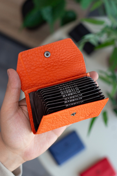 Garbalia Lucas Genuine Leather Accordion Model Orange Unisex Card Holder with Lots of Eyes