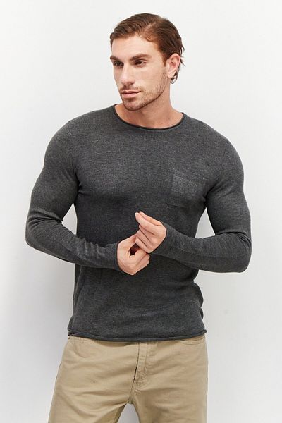 CELIO Men Crew Neck Textured Long Sleeves Sweater, Dark Grey