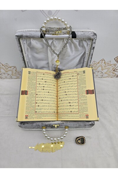 YİGİTECH KİŞİYE ÖZEL KURANI KERİM SETİ DAMAT BOHCASI GRİ RENK MEALLİ