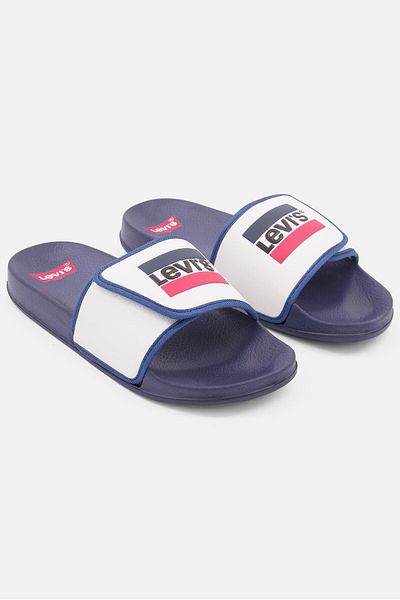 Levi's Men Brand Logo Slip On Slides, Navy/White
