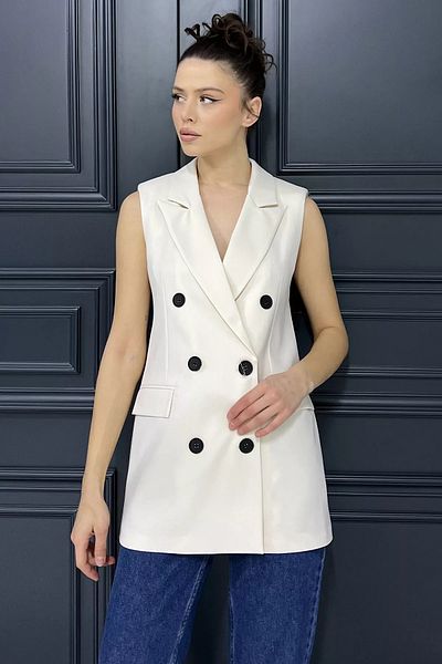 GÜLSELİ Cream Women's Double Breasted Collar Lined Vest