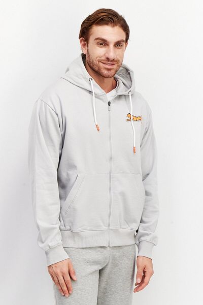 Le tigre Men Drawstring Long Sleeve Brand Logo Hoodie, Grey